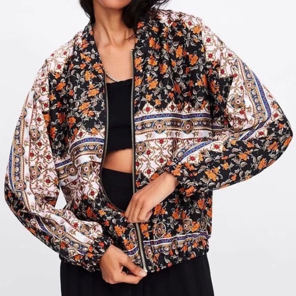 Zara Jackets & Blazers - Zara Satin Floral Baroque Print Bomber Zip Front Jacket (sz L)